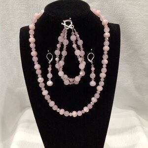 Elegant Crystal Pink Handmade Beaded Necklace, Bracelet, & Earring Jewelry Set